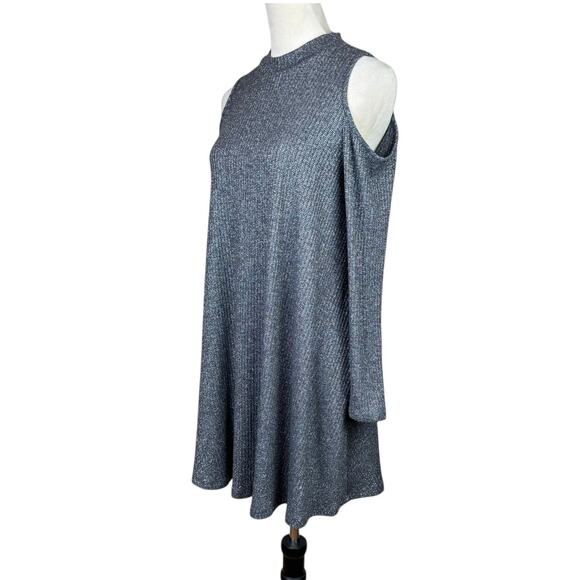 Soprano Gray & Silver Sparkle Cold Shoulder Long Sleeve Knit Swing Dress - Picture 2 of 10